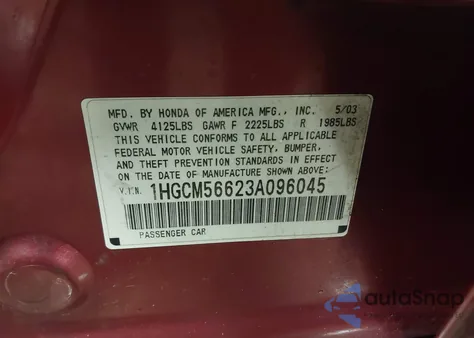 2003 Honda Accord 2.4 Ex z USA, uszkodzony, nr VIN 1HGCM56623A096045